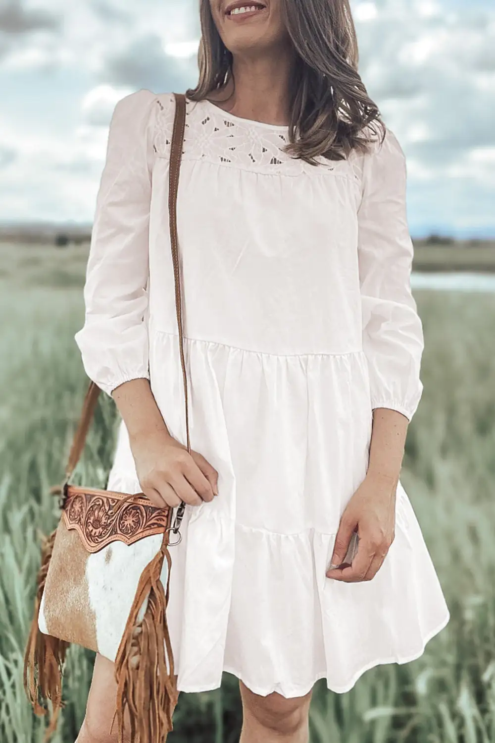 Floral Lace Patchwork Bracelet Sleeve Tiered Mini Dress