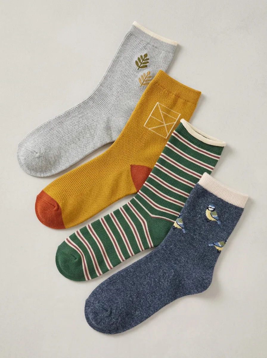 Bird Leaf Striped Nature Four-Pair Casual Socks