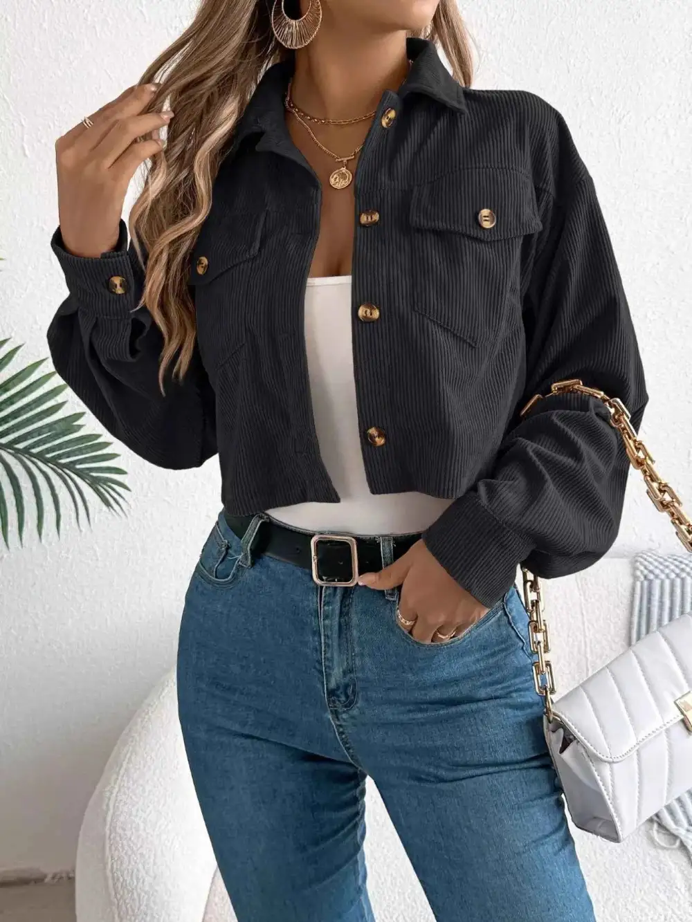 Corduroy Button-Up Dropped Shoulder Jacket