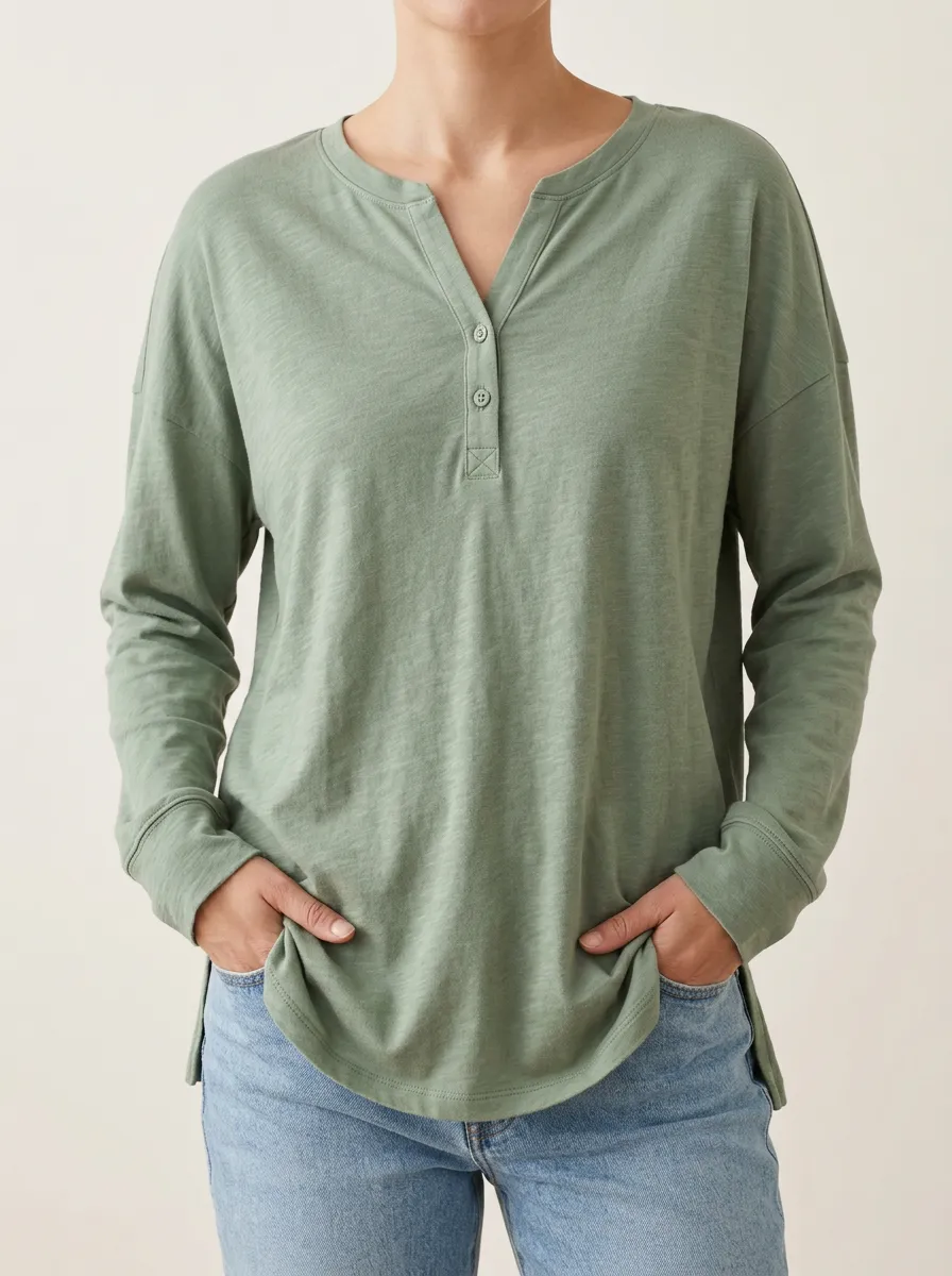 Henley Button Detail Women's Long Sleeve Tee