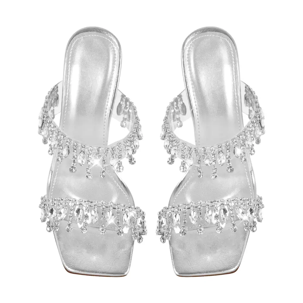 Rhinestone Square Toe Clear Chunky Heel Sandals