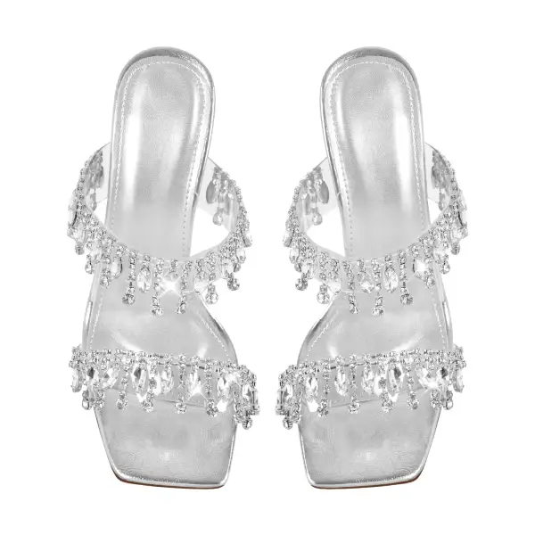 Rhinestone Square Toe Clear Chunky Heel Sandals