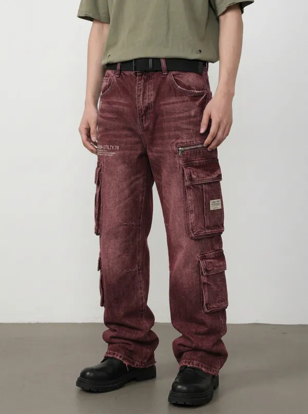 Men's Streetwear Utility 78 Letter Printed Denim Cargo Jeans