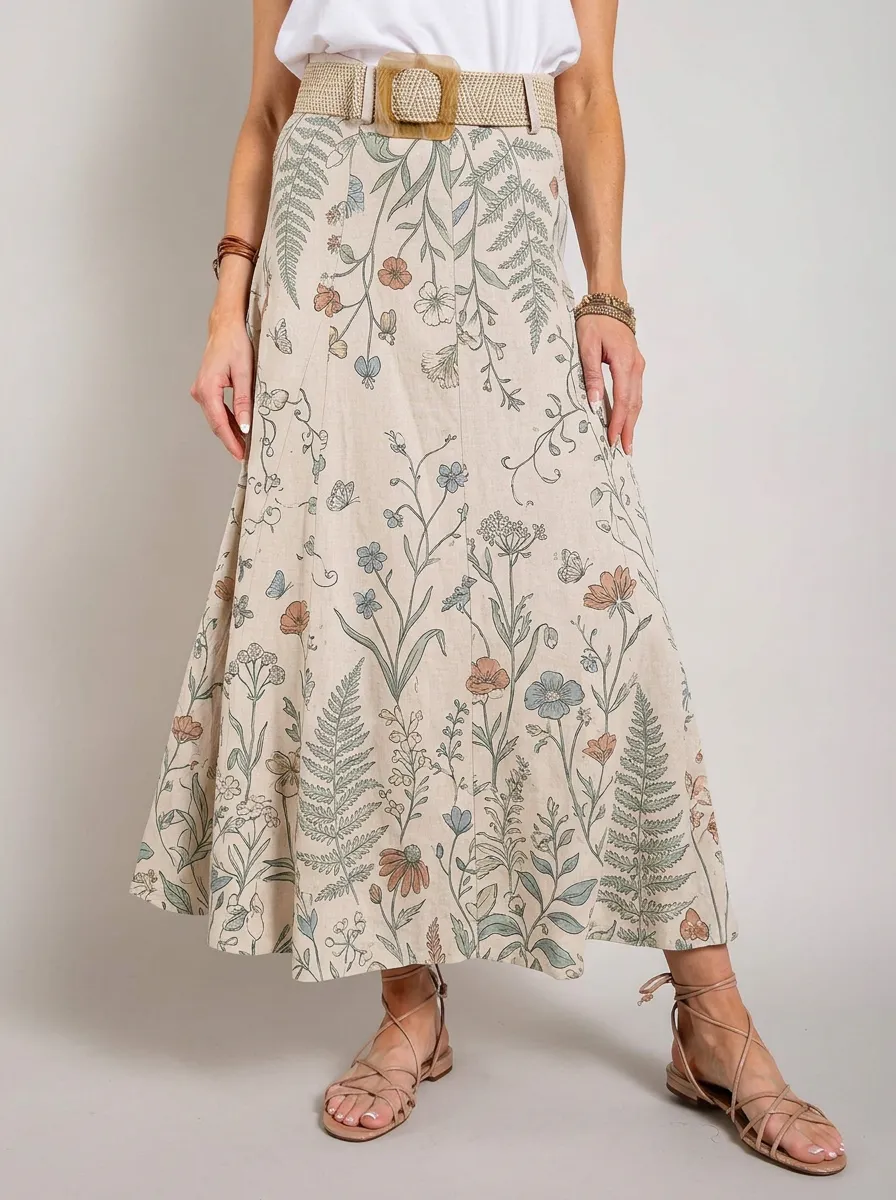 Women's Botanical Nature Lover Floral Fern Printed Midi Skirt