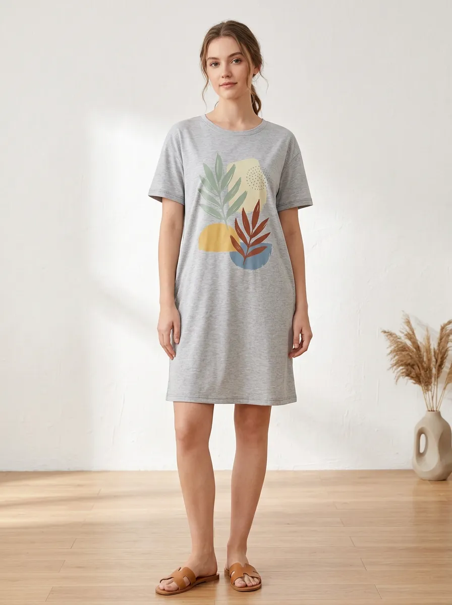 Women's Boho Botanical Abstract Leaf Printed T-shirt Dress