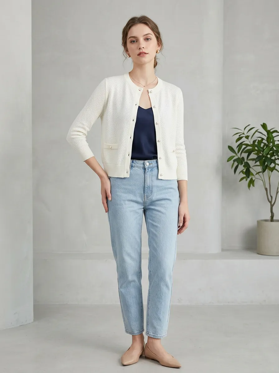 Women's Off- Textured Knit Cardigan with Pearl Buttons