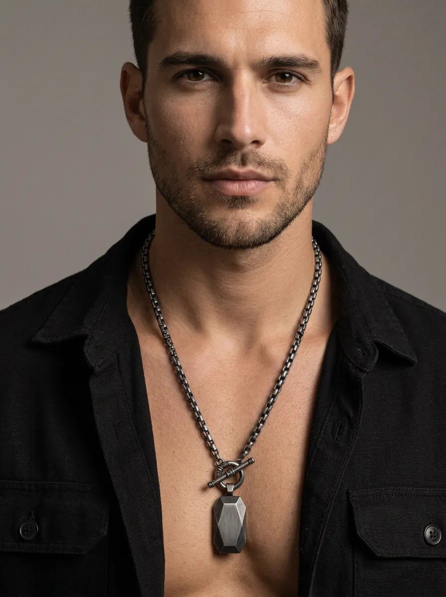 Men's Minimalist Geometric Pendant Oxidized Toggle Necklace