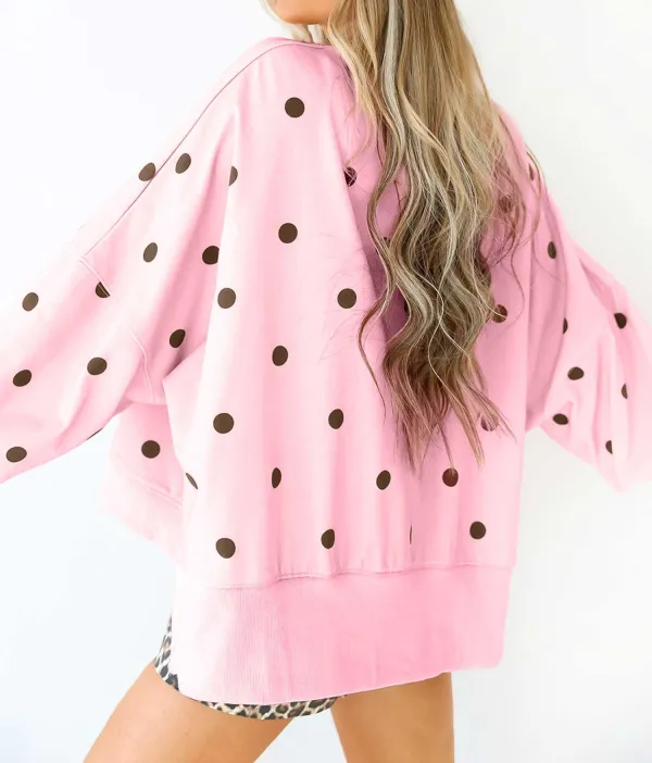 Polka Dot Ribbed Loose Fit Stretch Fabric Long Sleeve Top