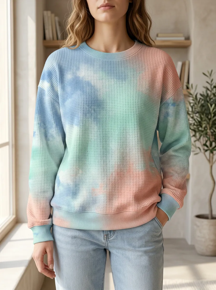 Women's Pastel Tie Dye Waffle Knit Streetwear Crewneck Sweatshirt