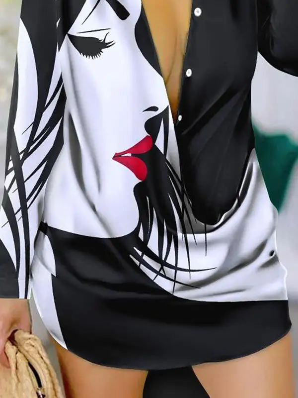 Long Sleeve Relaxed Figure Printed Lapel Mini Dress Shirt Dress