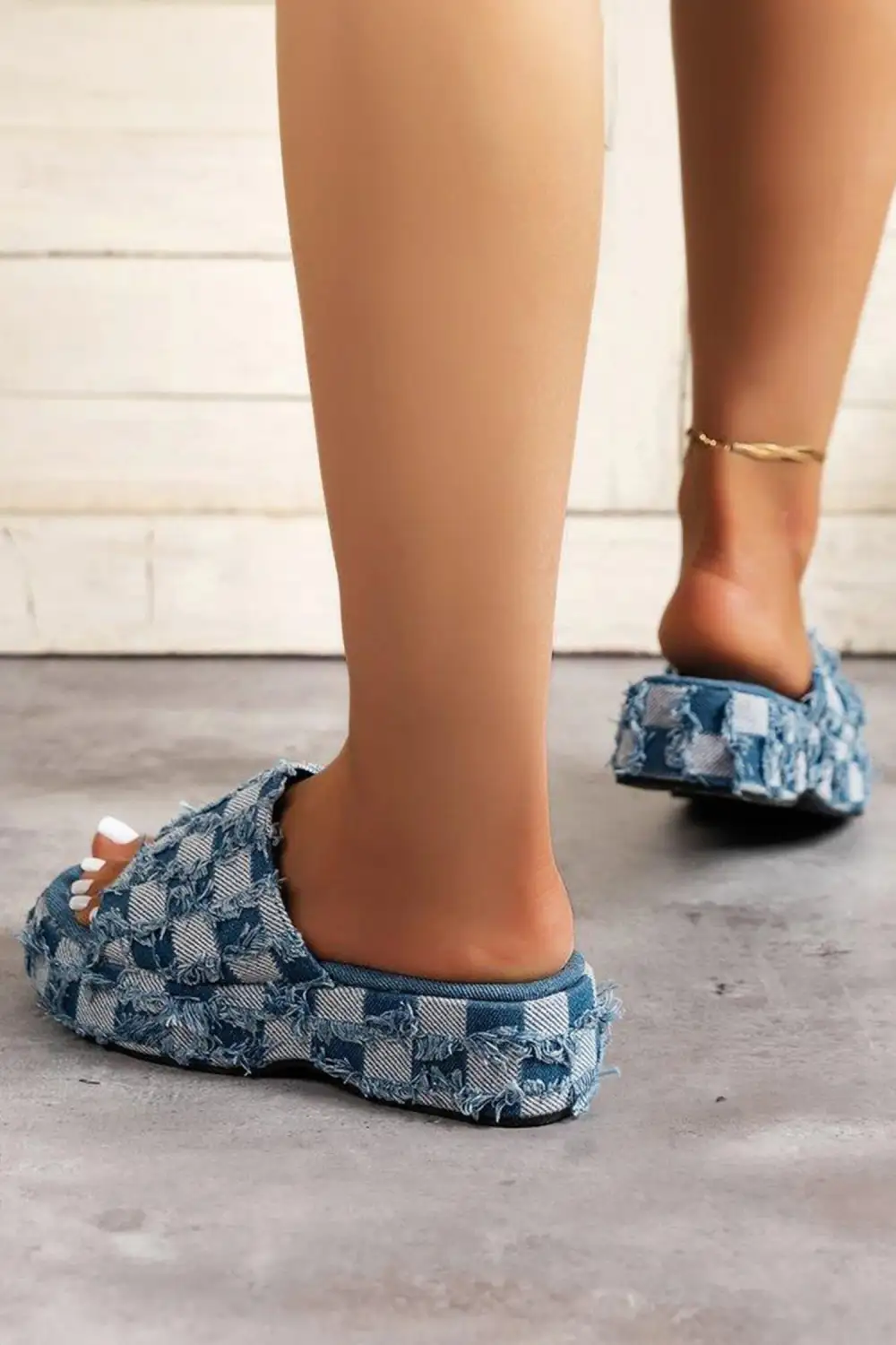Checkered Frayed Canvas Platform Sandals