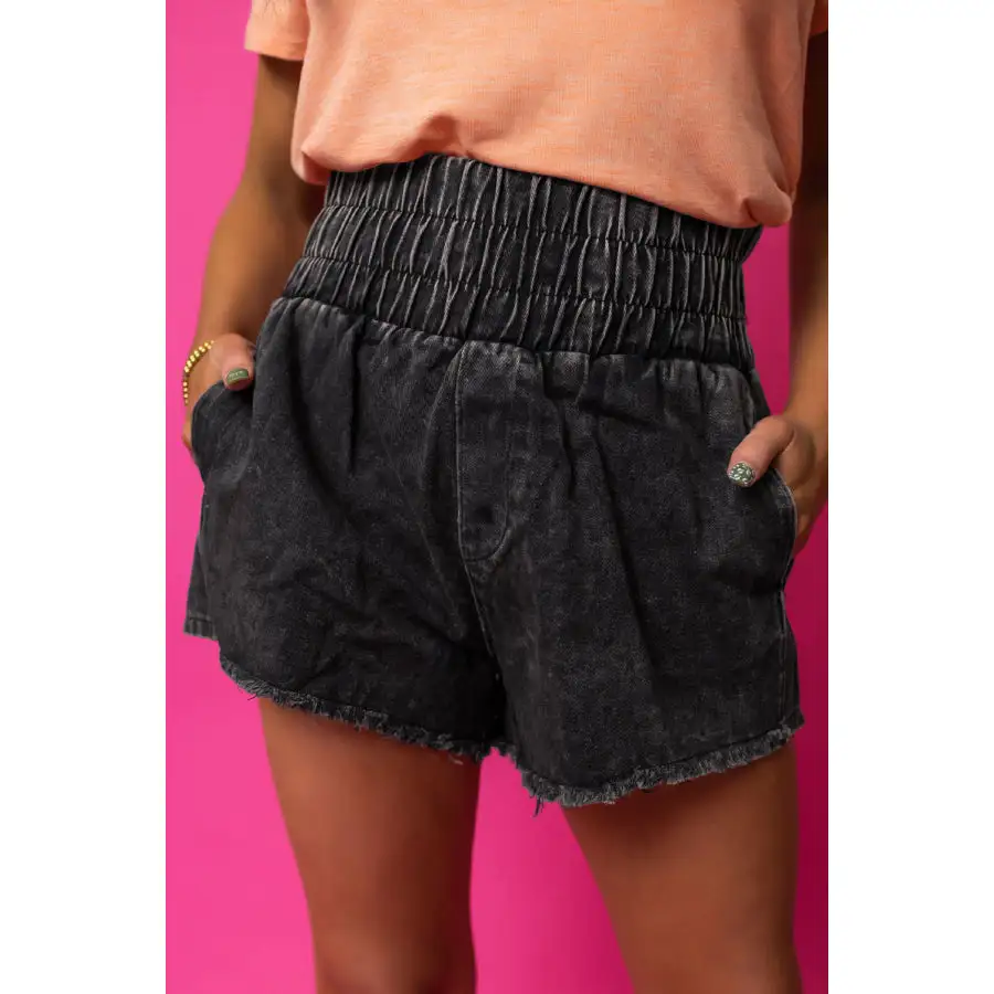Refined High Waist Raw Hem Denim Shorts
