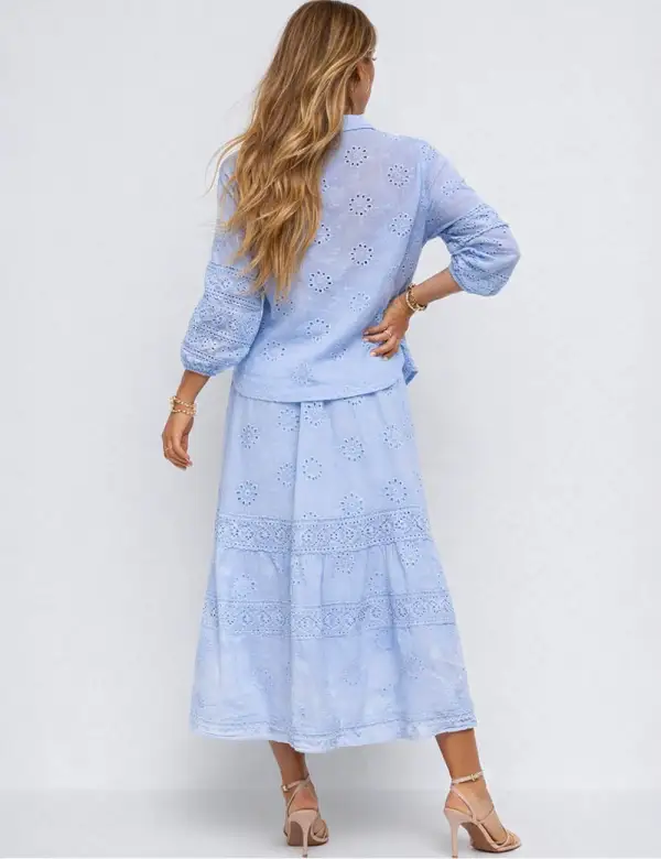 Boho Eyelet Button Down Blouse and Tiered Maxi Skirt Set