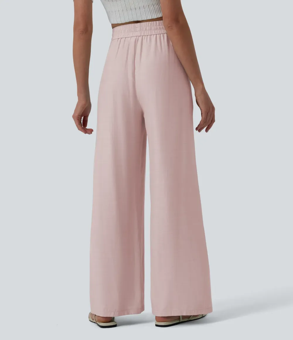 2026🔥High Waisted Drawstring Wide Leg Casual Linen-Blend Trousers with Pockets