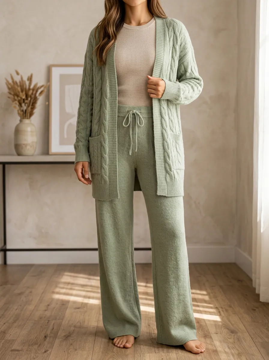 Women's Layered Cable Knit Cardigan And Pants With Tank Top Three Piece Outfit