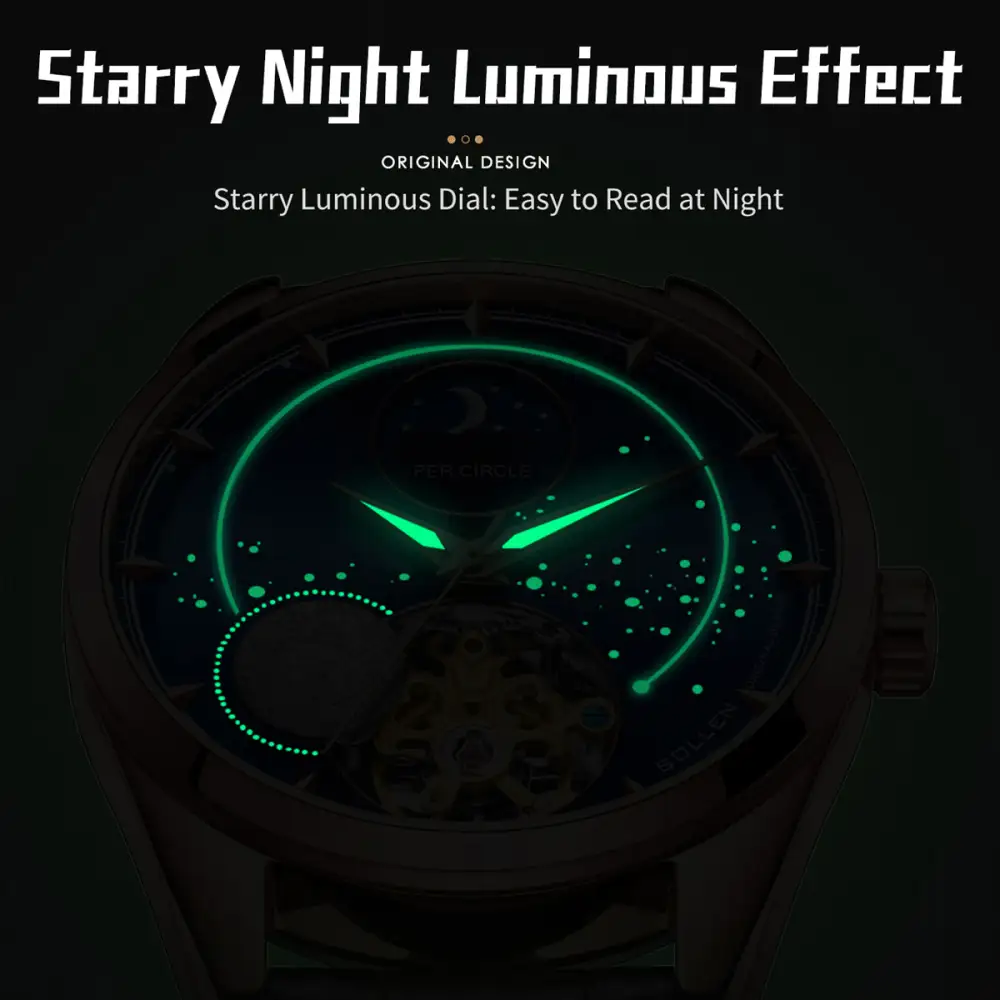 Sollen SL329 Men's Open Heart Automatic Mechanical Watch - 41mm Stainless Steel Case Sapphire Crystal Moon Phase Celestial Dial Bracelet Wristwatch