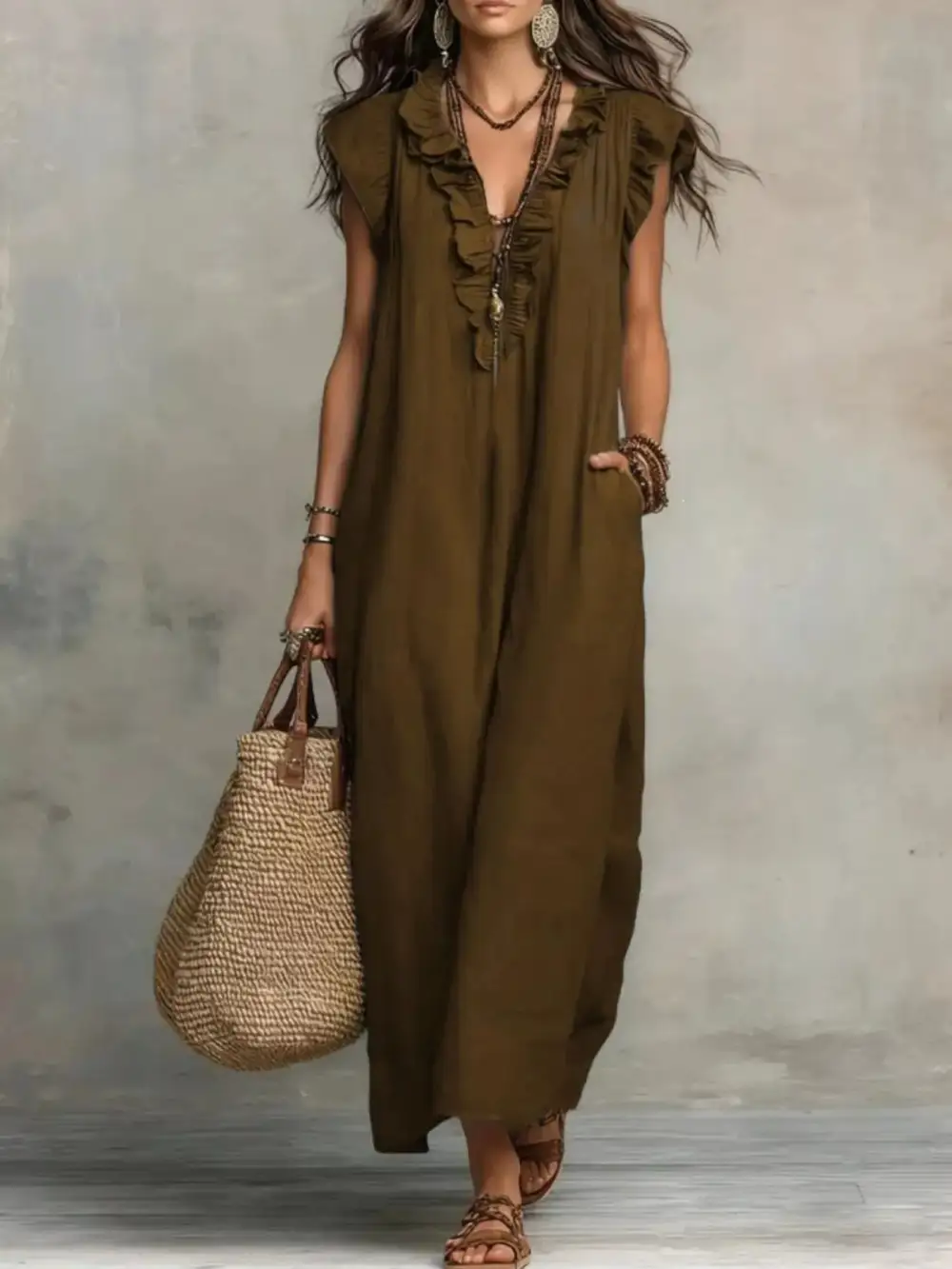 Ruffled V-Neck Maxi Dress
