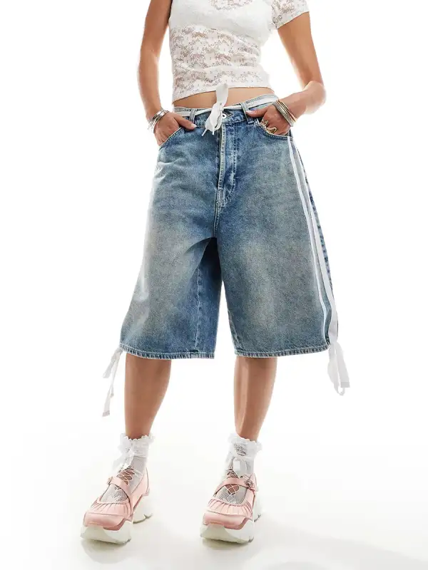 Capri Side-Stripe Denim Mid-Rise Shorts