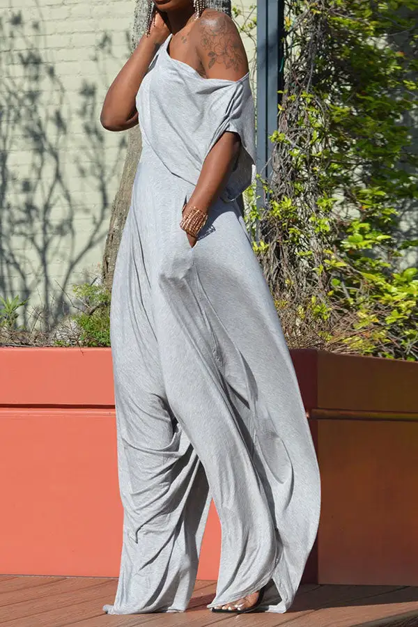 Solid Color Harem Asymmetric Neck Pant Set