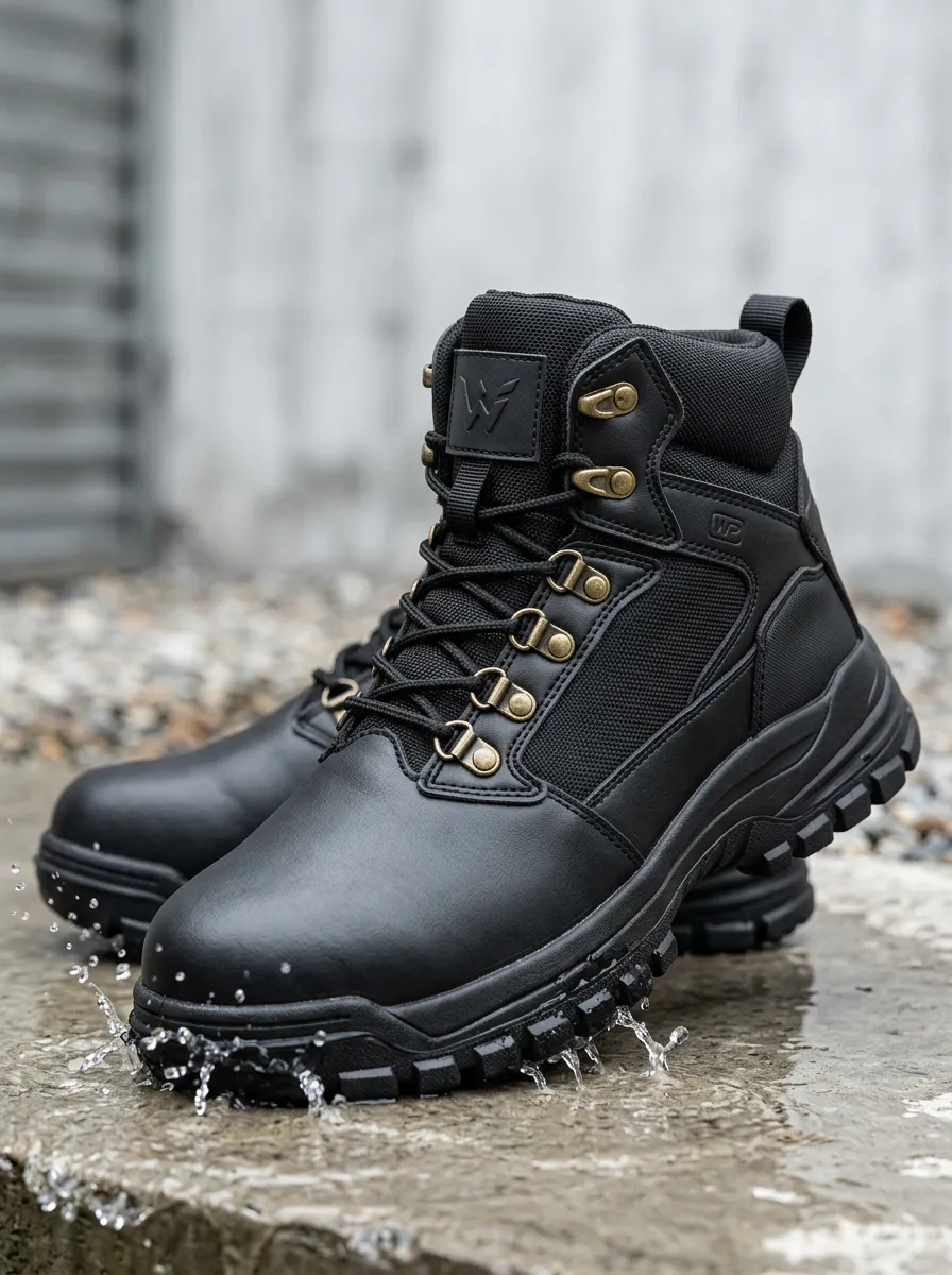 Men's Waterproof Tactical Black Leather Work Boots