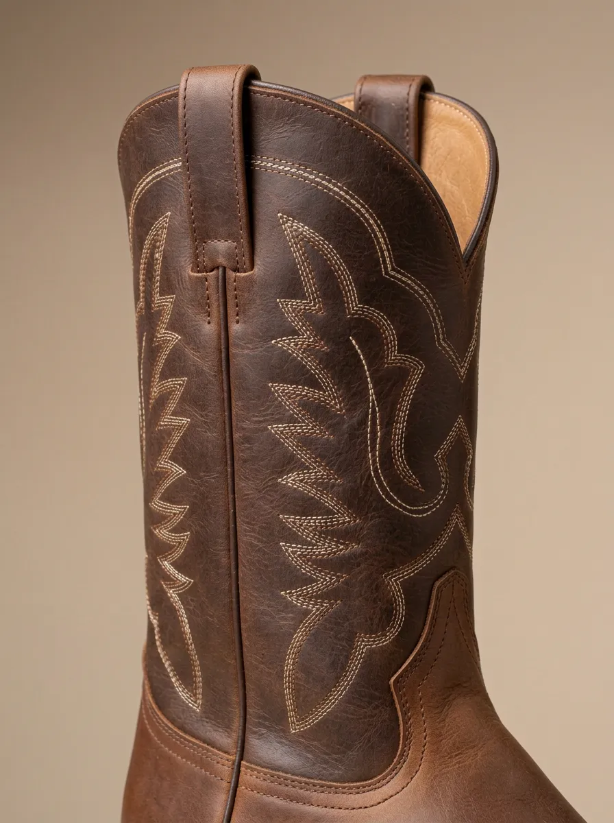 Men's Western Cowboy Brown Leather Stitched Pattern Boots