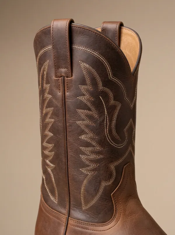 Men's Western Cowboy Brown Leather Stitched Pattern Boots