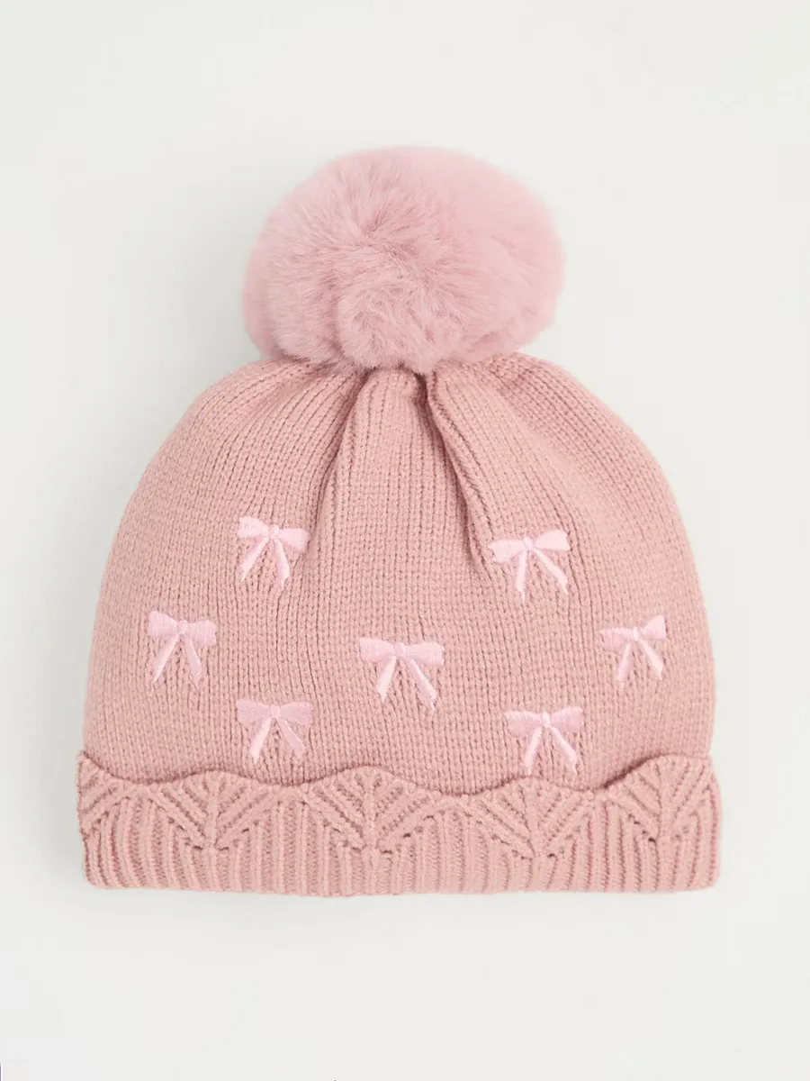 Pink Bow Knitted Bobble Hat
