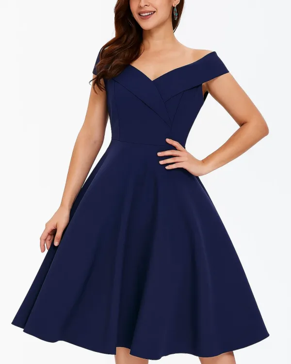 Off Shoulder Vintage A Line Midi Dress
