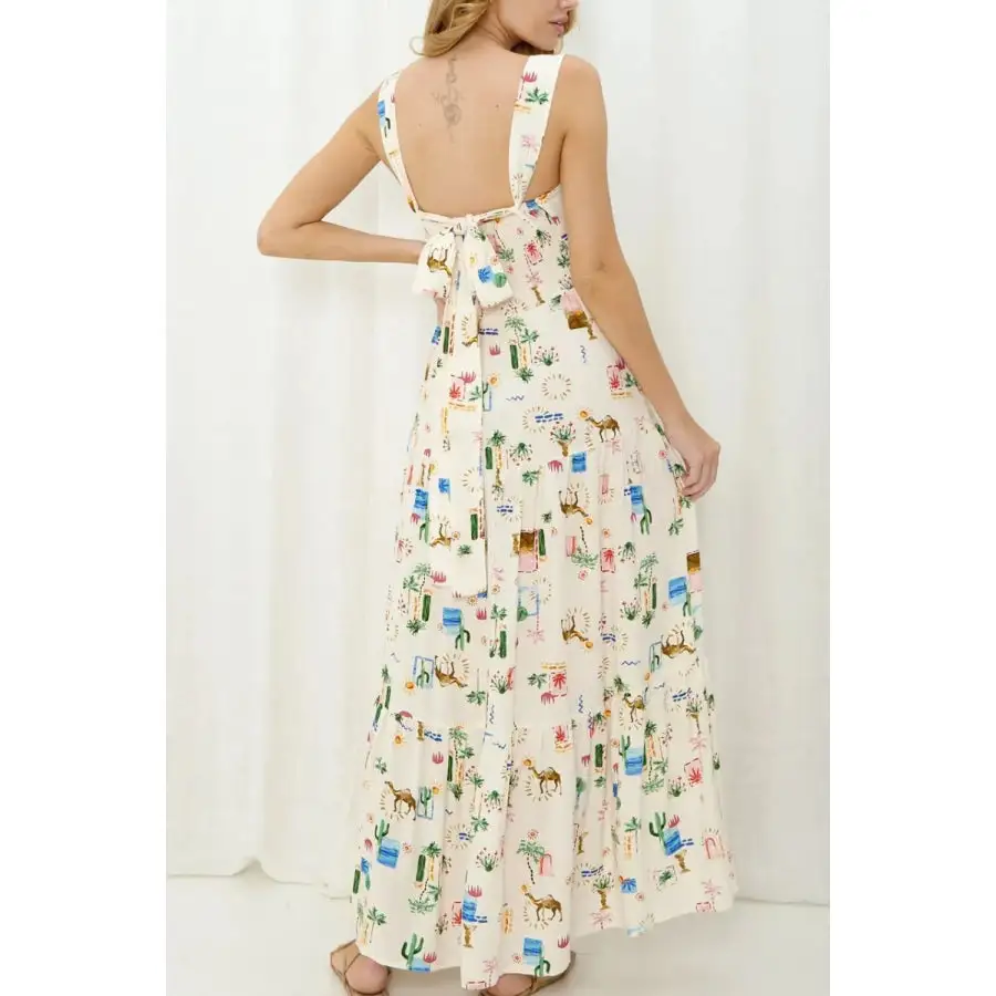 Classic Printed Square Neck Wide Strap Maxi Dress