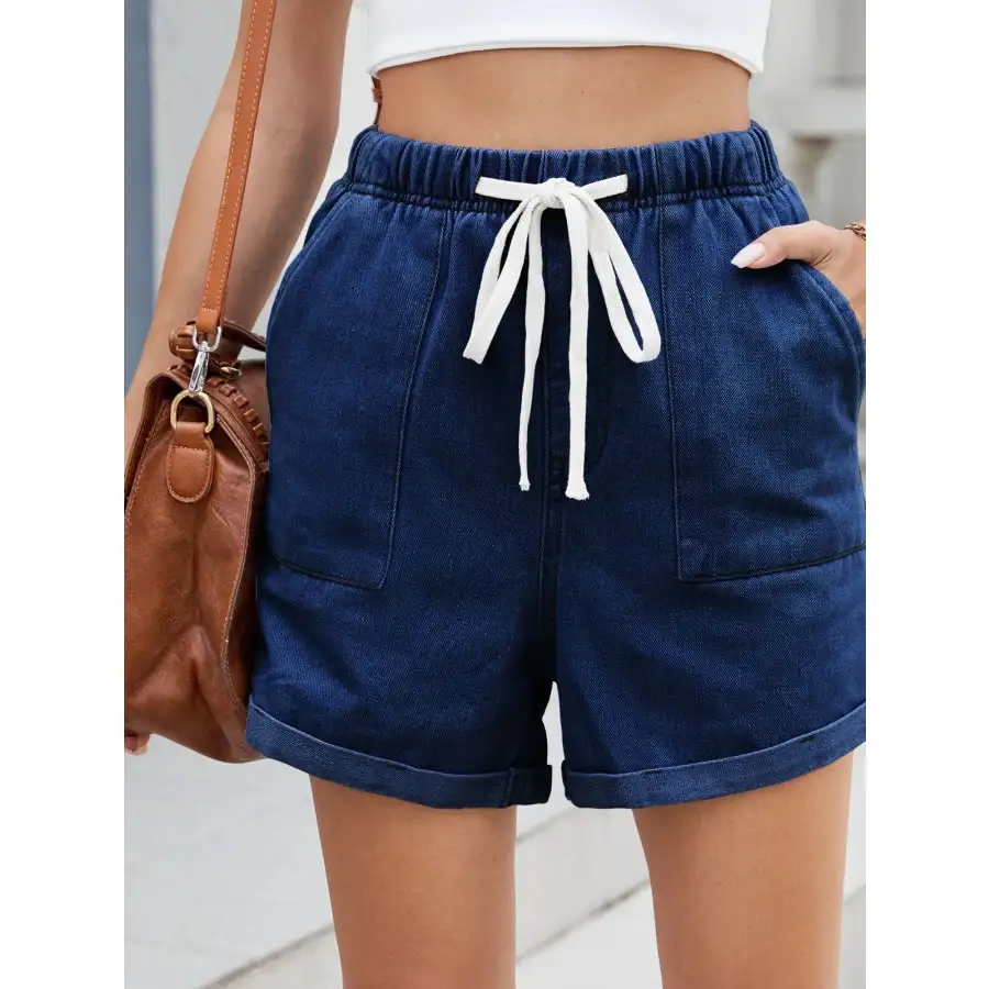Casual Drawstring Pocketed Denim Shorts
