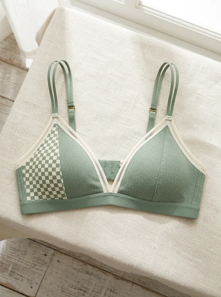 Women's Checkered Pattern Mesh Detail Modern Minimalist Bralette