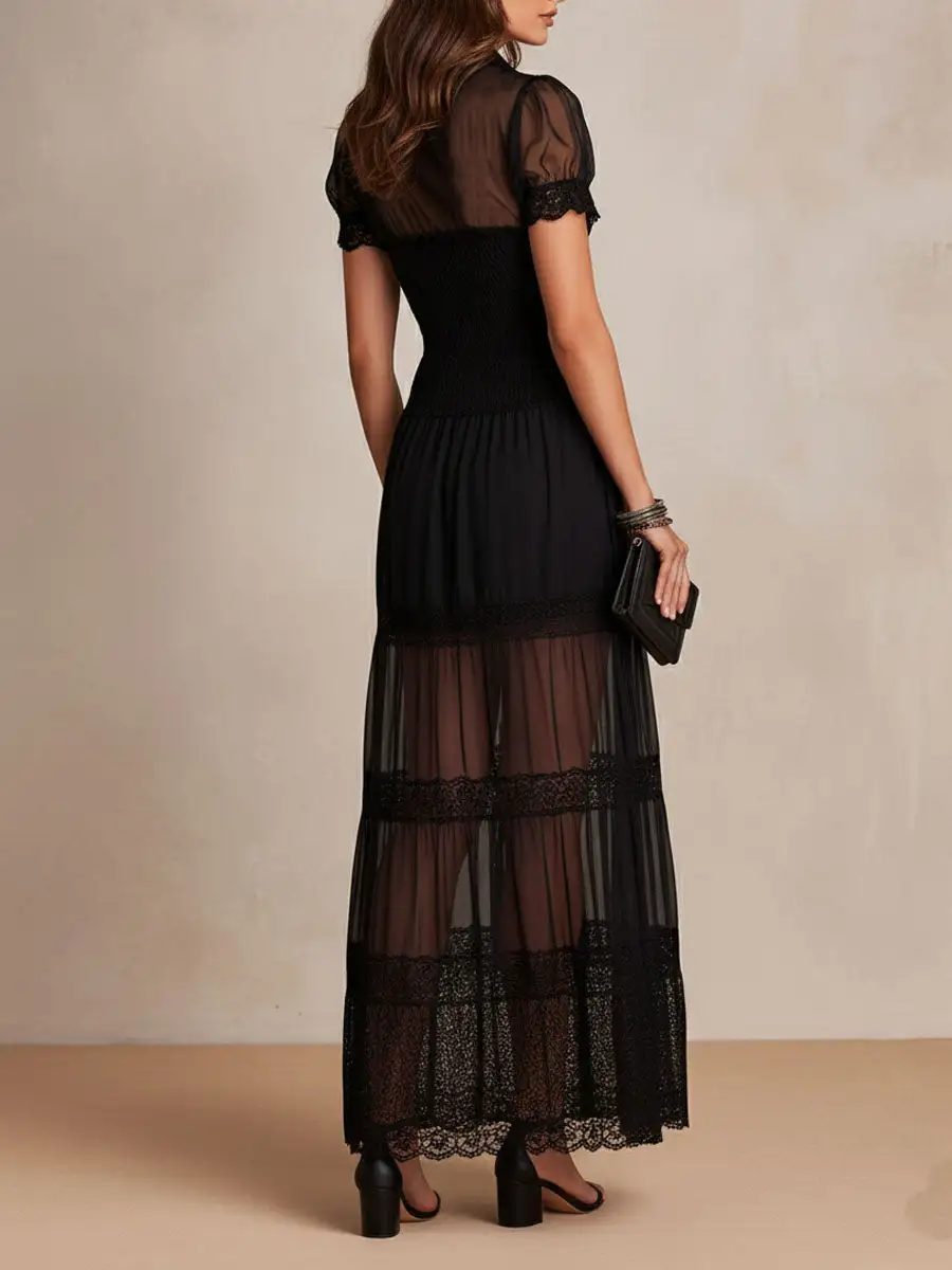 Lace Boho Check Pattern Maxi Dress