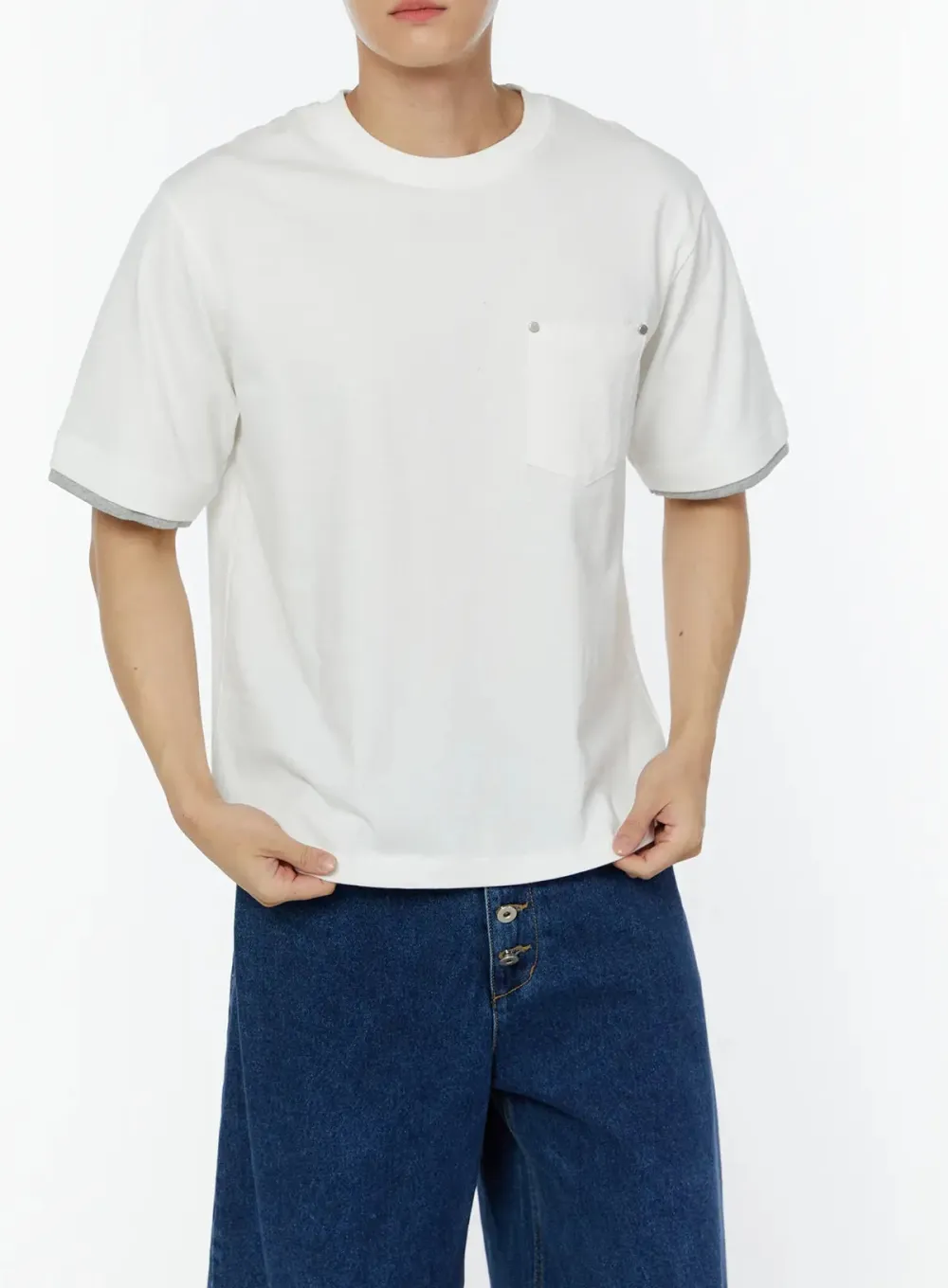 Men's Layered Semi Crop T-Shirt with Pocket