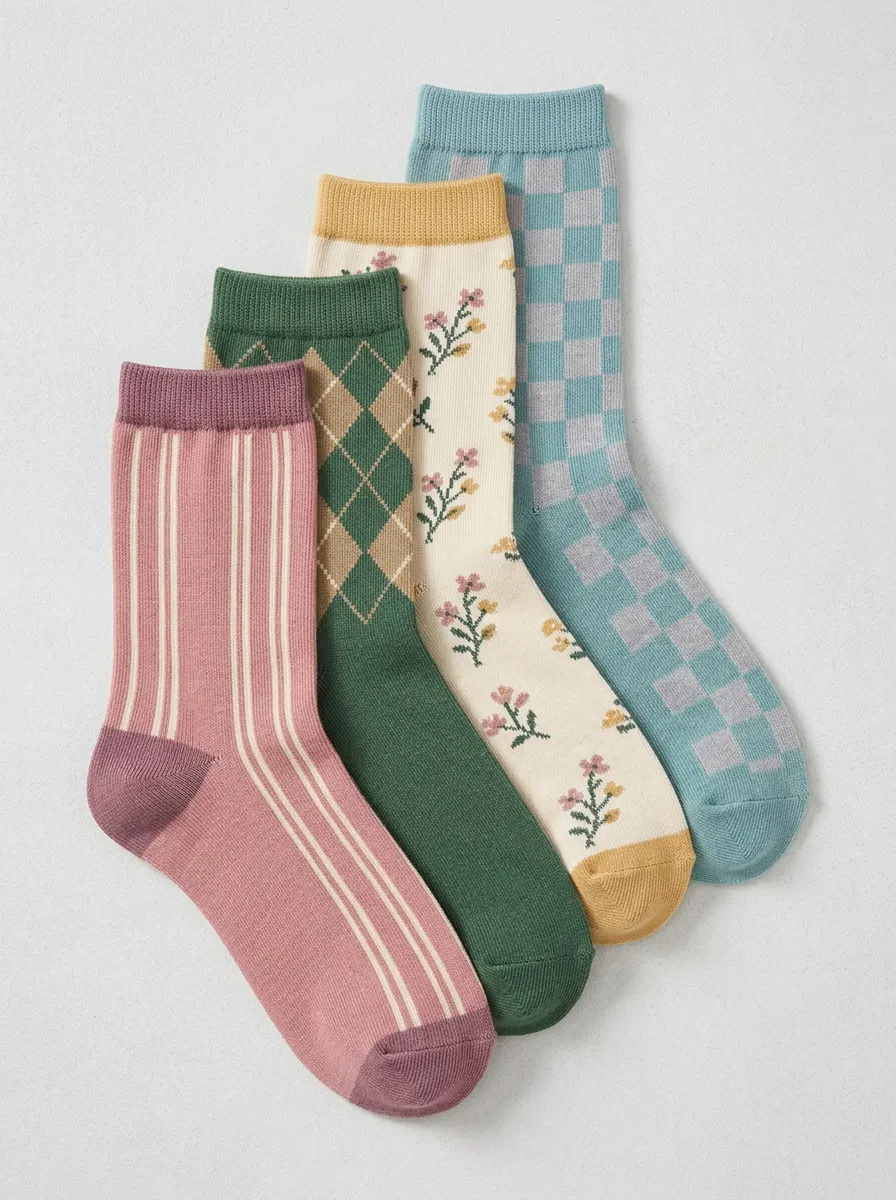 Checkerboard Argyle Floral Striped Four-Pair Casual Socks