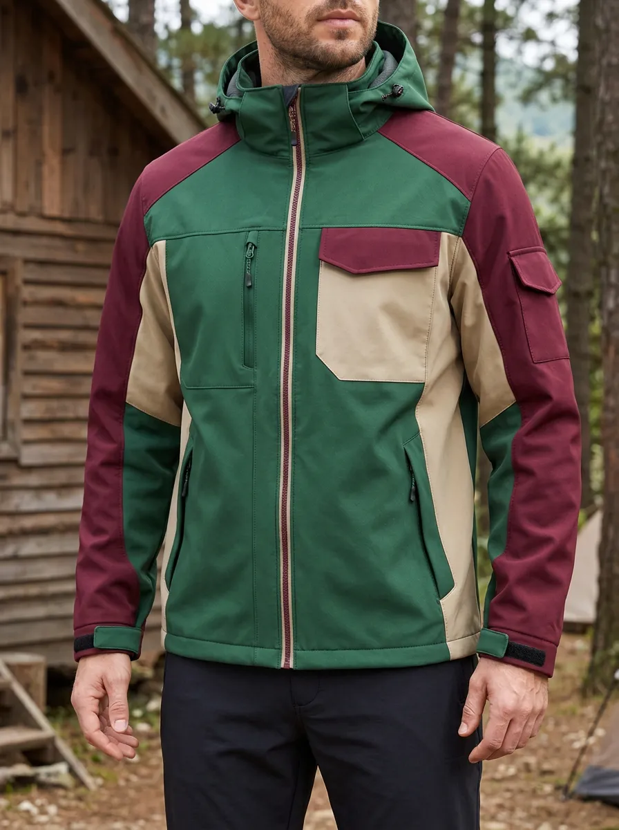 Men's Hiking Outdoor Colorblock Hooded Softshell Jacket