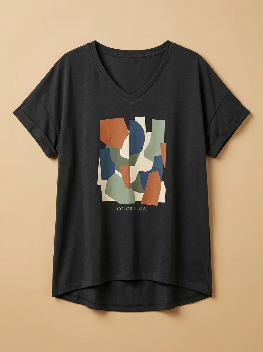 Women's Abstract Art Color Flow Geometric Printed V-Neck T-Shirt