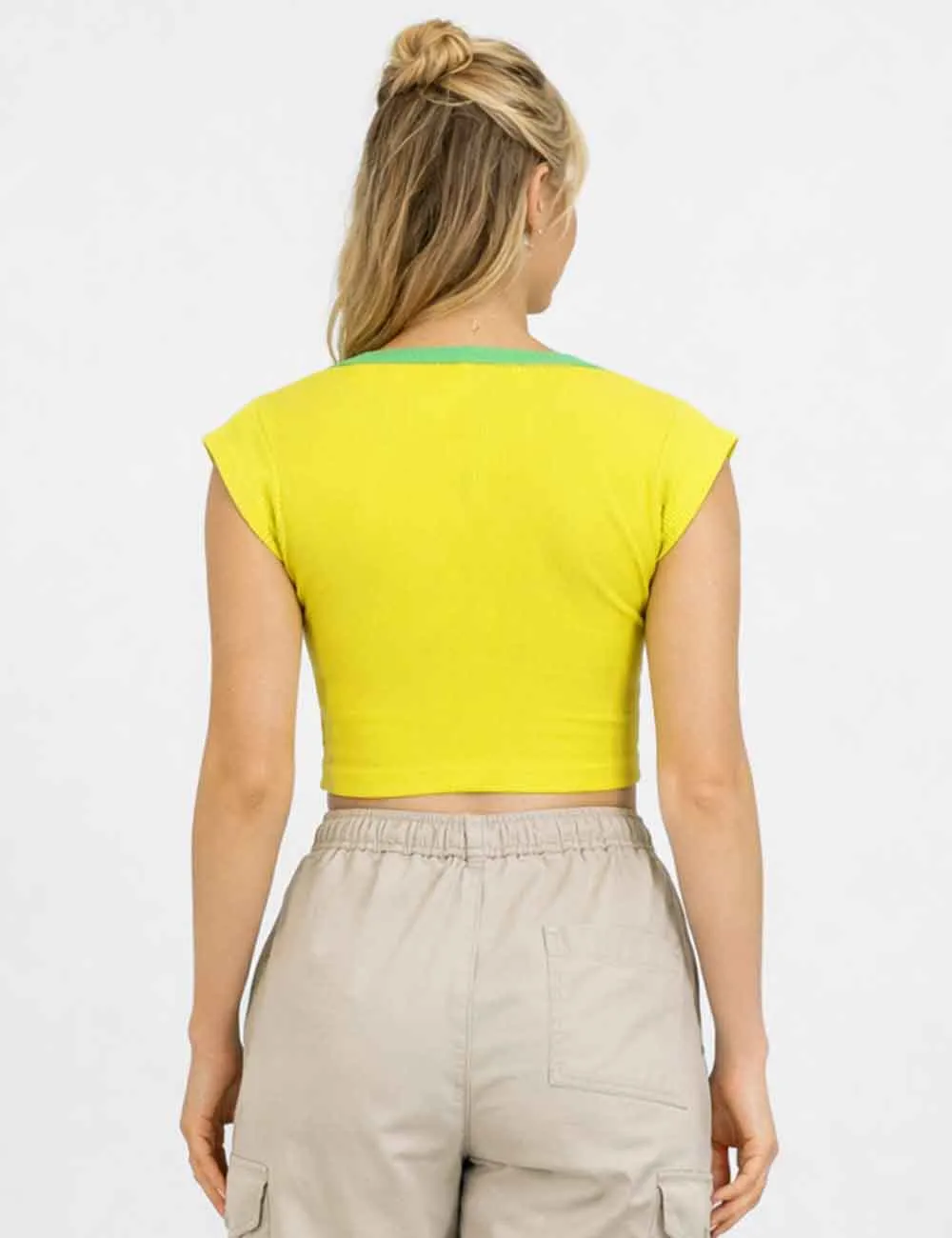 Casual Ribbed Color Block Short Sleeves Crop Top
