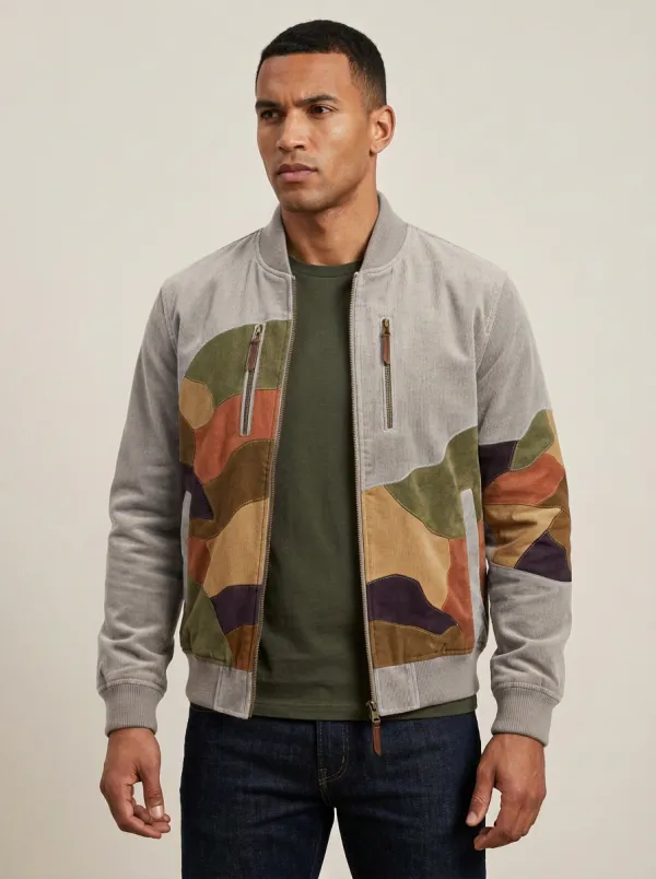 Men's Casual Fashion Colorblock Camo Printed Corduroy Bomber Jacket