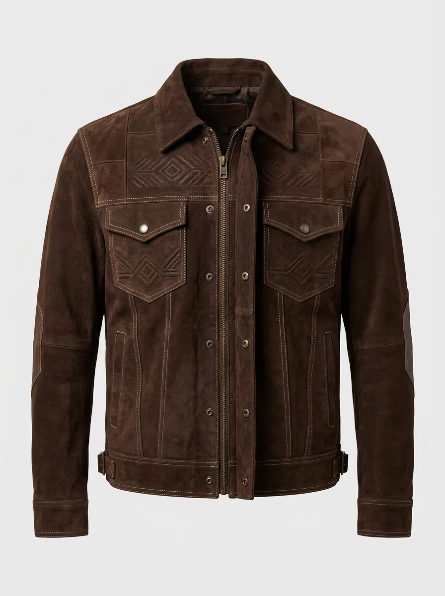 Men's Brown Suede Geometric Embossed Zip-up Jacket