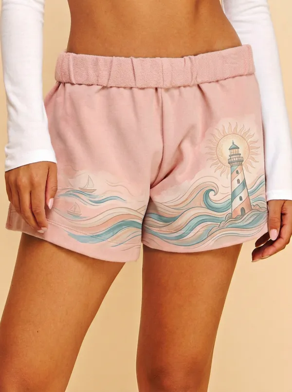 Women's Nautical Ocean Lighthouse Sailboat Graphic Shorts