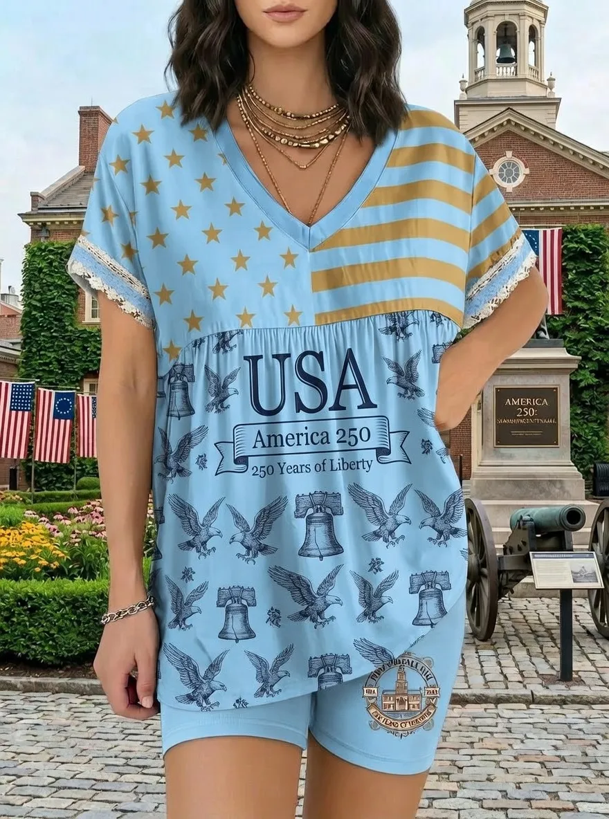 Women's USA 250th Anniversary Eagle Liberty Bell Printed Outfit Set