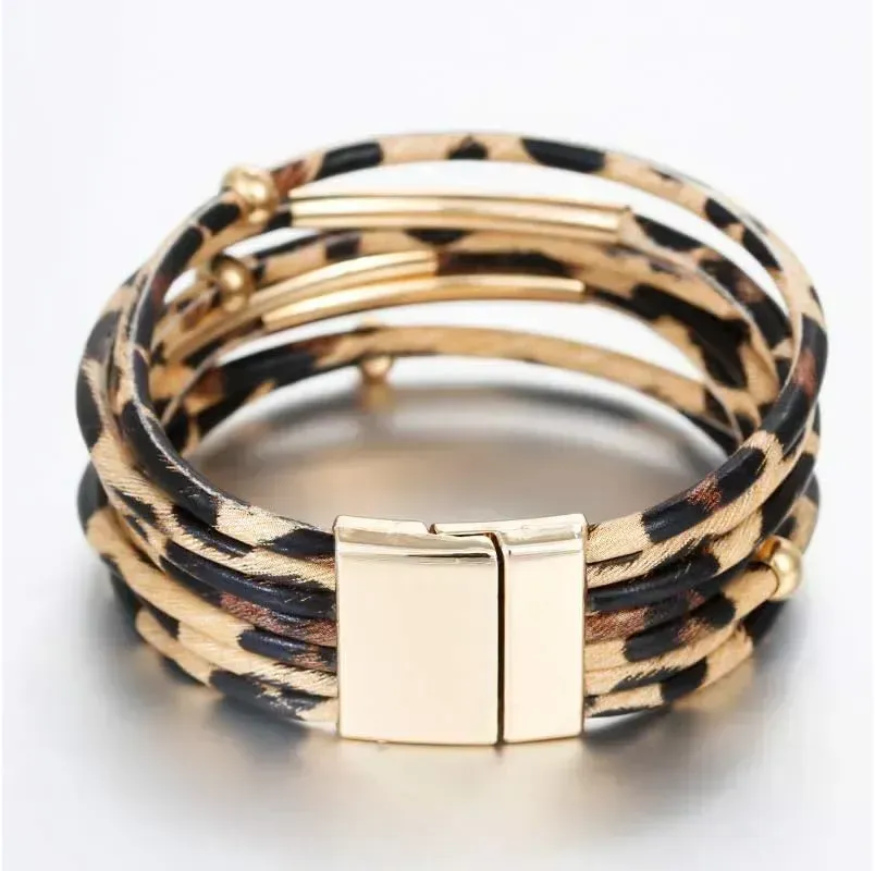 Fesciory Leather Wrap Bracelets for Women, Boho Leopard Multi-Layer Crystal Beads Cuff Bracelet Jewelry