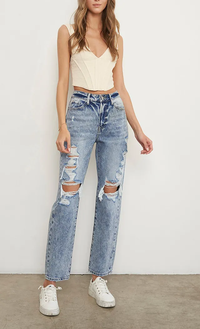 Stonewashed High Waist Ripped Boyfriend Jeans