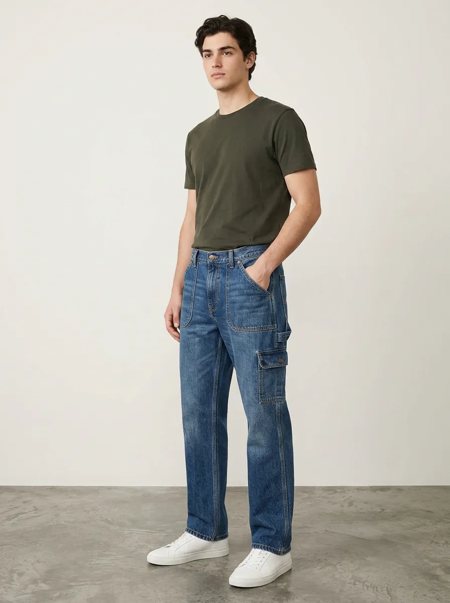 Men's Casual Utility Blue Denim Cargo Jeans