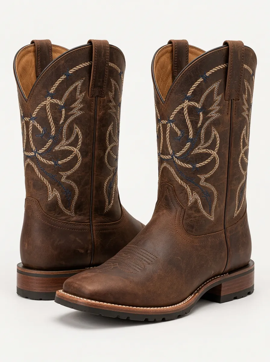 Men's Red Cowboy Boots with Rope Stitching