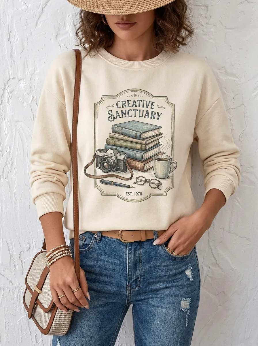 Women's Creative Sanctuary Book Camera Coffee Printed Sweatshirt