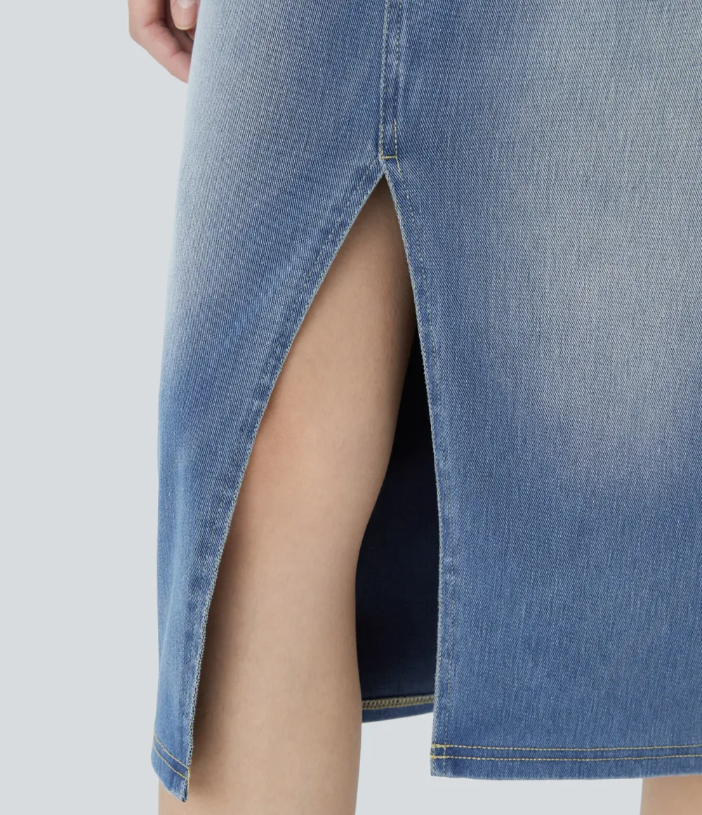 Magic High Waisted Multiple Pockets Bodycon Split Washed Stretchy Knit Denim Casual Midi Skirt