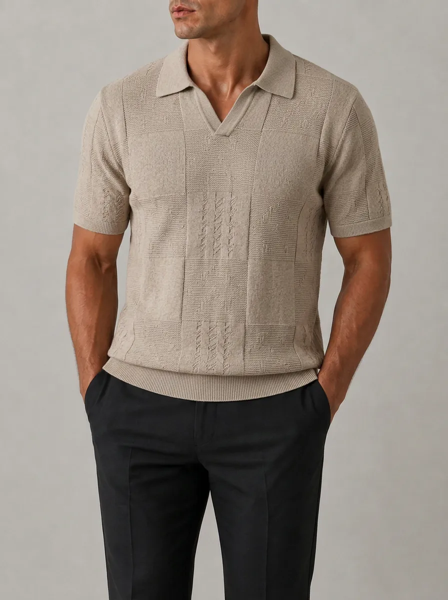 Men's Casual Minimalist Beige Checkered Knit Polo Shirt