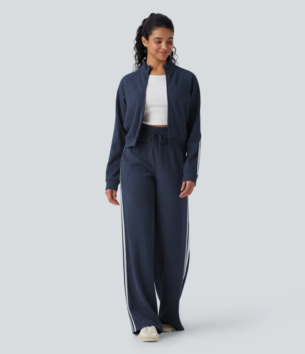 2026🔥  Ribbed SoCinched High Waisted Tummy Control Drawstring Wide Leg Color Block Casual Trousers with Pockets