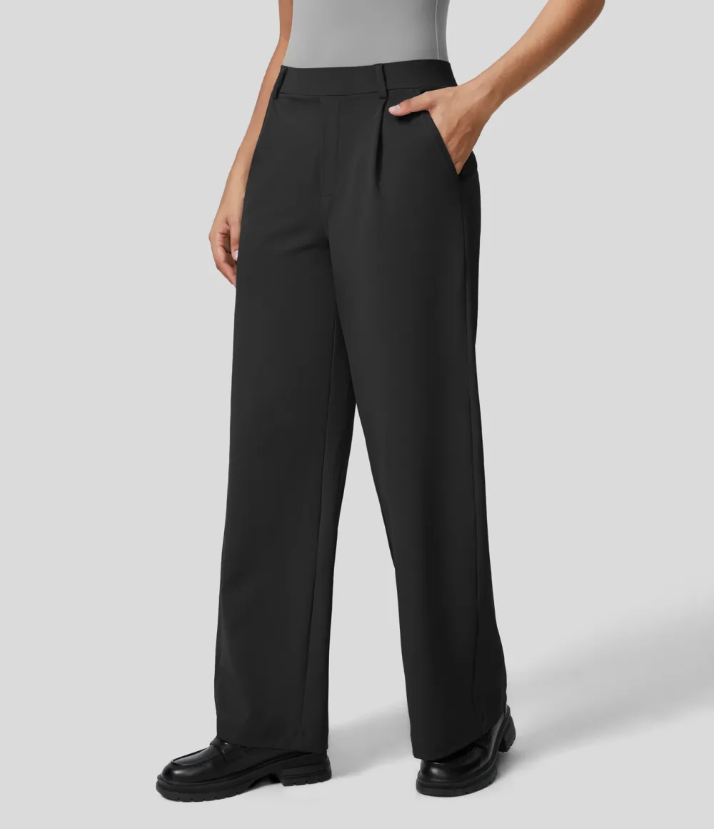 2026🔥  High Waisted Plicated Side Pocket Straight Leg Work Pants